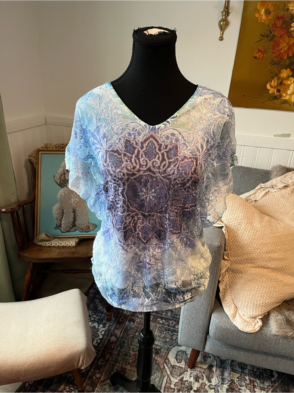 Women’s Y2K Vintage Sheer Lace Overlay V-Neck Top in Lavender Blue Size M Fit